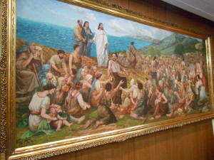 Painting of Jesus Feeding the Five Thousand in one of the stairwells at the church